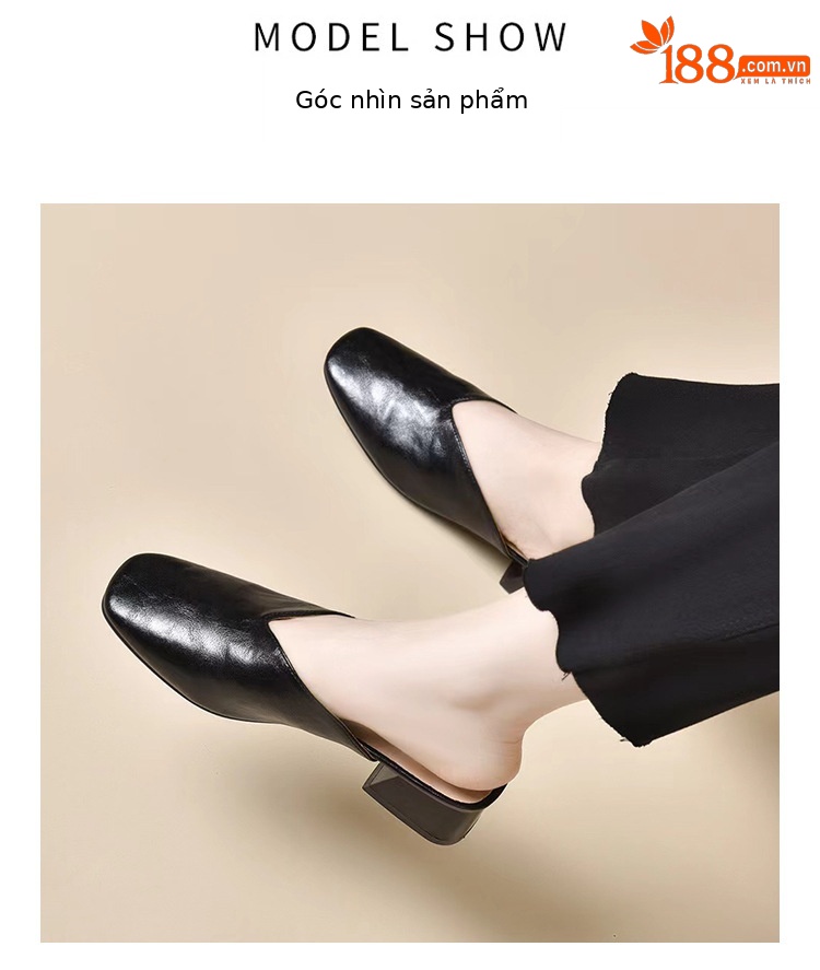 Giày mule nữ da thật mũi kín gót dày kiểu Pháp mùa hè — Màu đen chi tiết 9