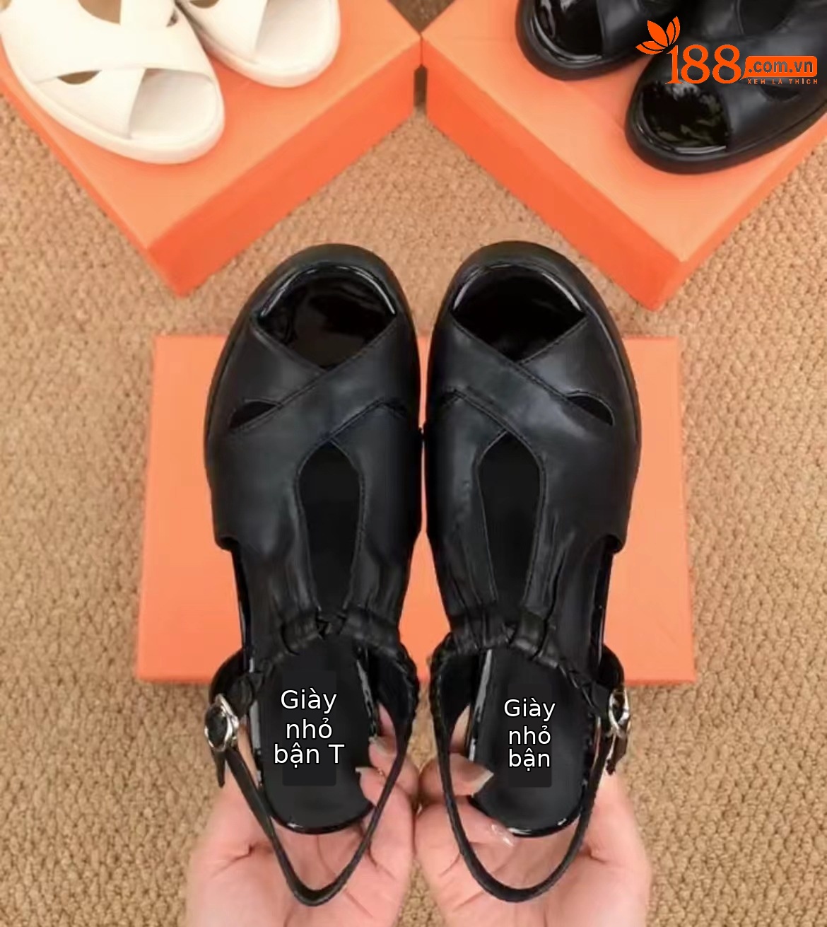 Sandal nữ da thật peep-toe quai chữ T gót vừa — Màu đen chi tiết 2