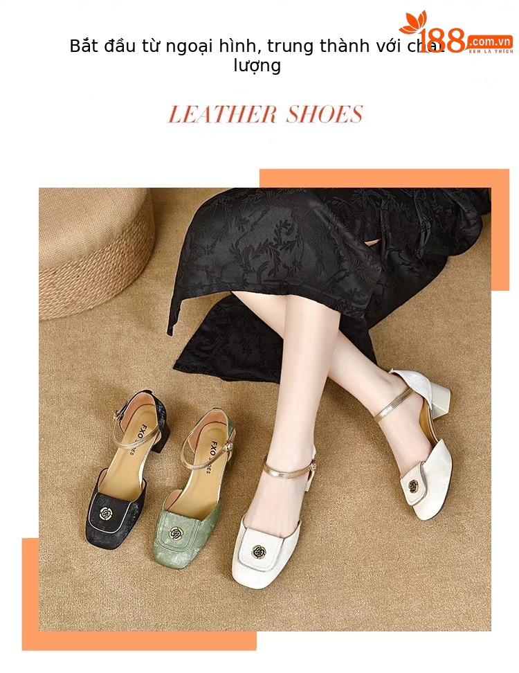 Sandal nữ da thật quai ngang gót vuông cao 6 cm kiểu mới mùa hè — Màu be chi tiết 1