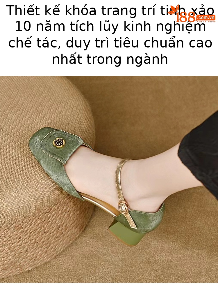 Sandal nữ da thật quai ngang gót vuông cao 6 cm kiểu mới mùa hè — Màu be chi tiết 5