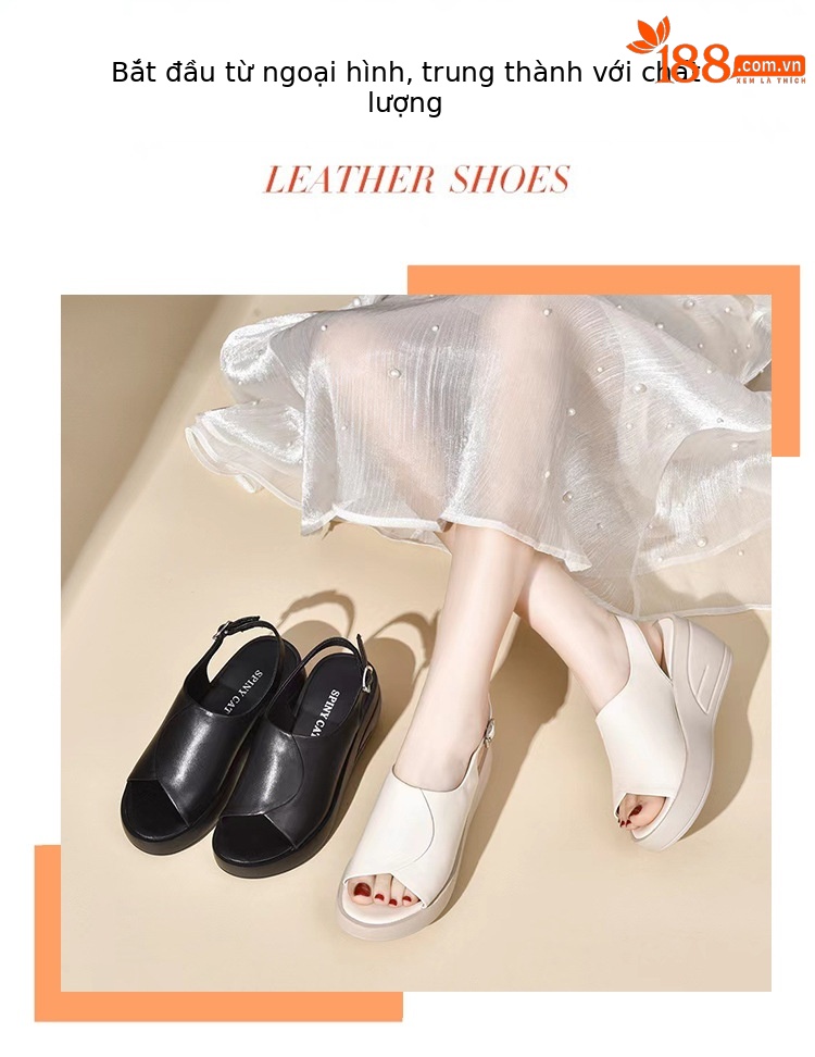 Giày sandal cao gót nữ mũi hở kiểu miệng cá, đế dày platform, da thật có khóa — Màu đen chi tiết 1