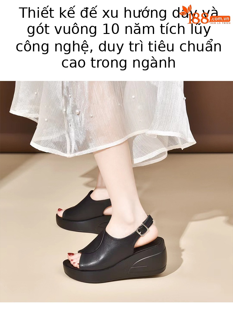 Giày sandal cao gót nữ mũi hở kiểu miệng cá, đế dày platform, da thật có khóa — Màu đen chi tiết 5