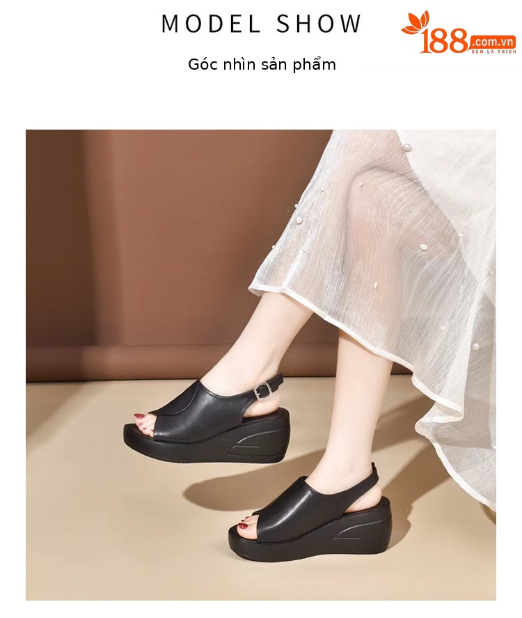 Giày sandal cao gót nữ mũi hở kiểu miệng cá, đế dày platform, da thật có khóa — Màu đen chi tiết 9