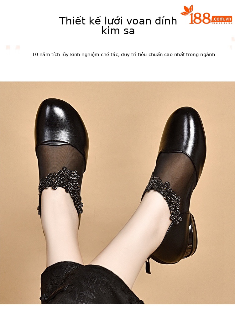 Sandal da bò thật mũi tròn đế bệt lưới thoáng khí cho nữ — Màu đen chi tiết 5
