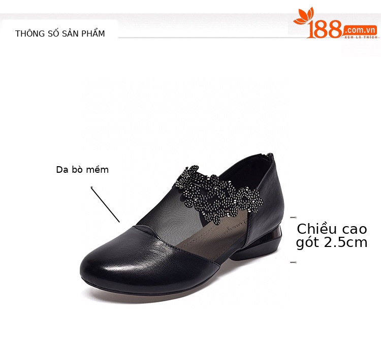 Sandal da bò thật mũi tròn đế bệt lưới thoáng khí cho nữ — Màu đen chi tiết 6