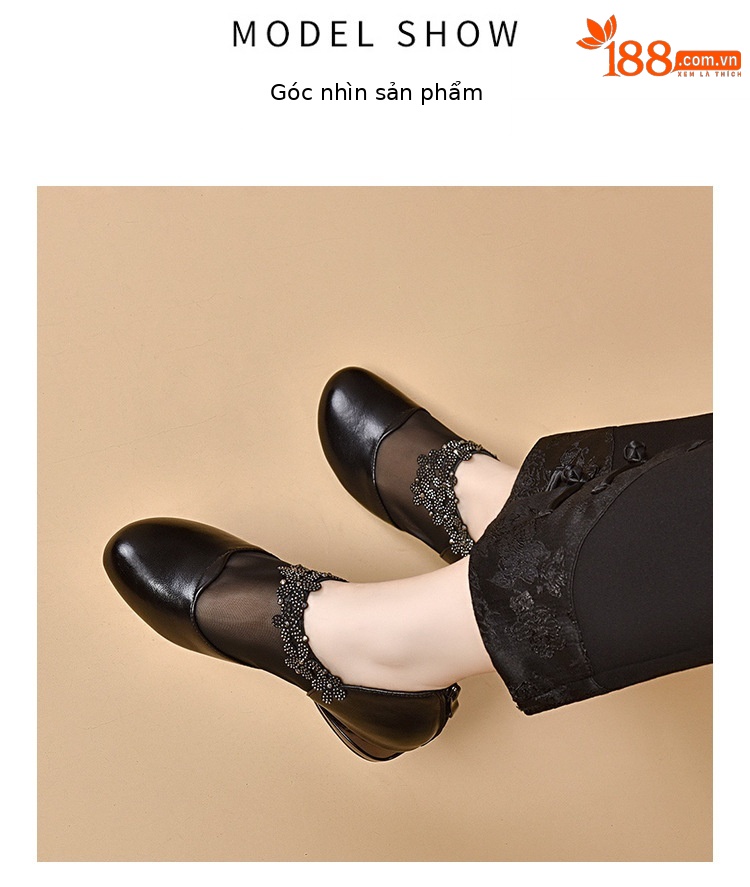 Sandal da bò thật mũi tròn đế bệt lưới thoáng khí cho nữ — Màu đen chi tiết 9
