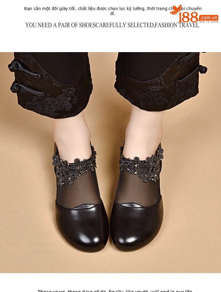 Sandal da bò thật mũi tròn đế bệt lưới thoáng khí cho nữ — Màu đen chi tiết 10