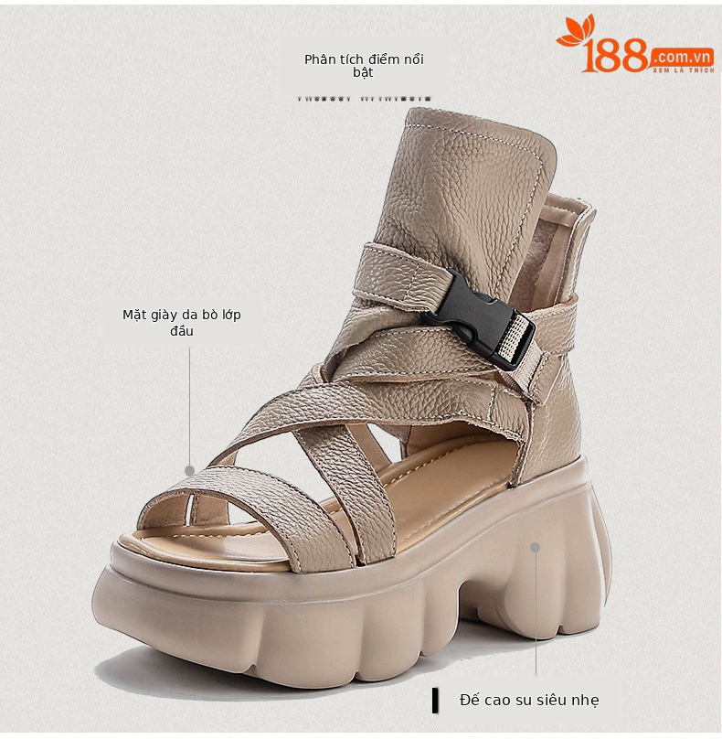 Giày bốt ngắn nữ đế xuồng da thật cổ thấp hở mũi — nâu chi tiết 3