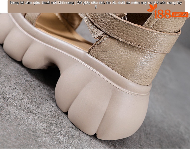 Giày bốt ngắn nữ đế xuồng da thật cổ thấp hở mũi — nâu chi tiết 8