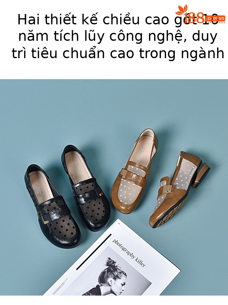 Giày lười nữ da bò đế mềm lưới thoáng khí mùa xuân hè — Kaki-3 cm chi tiết 5