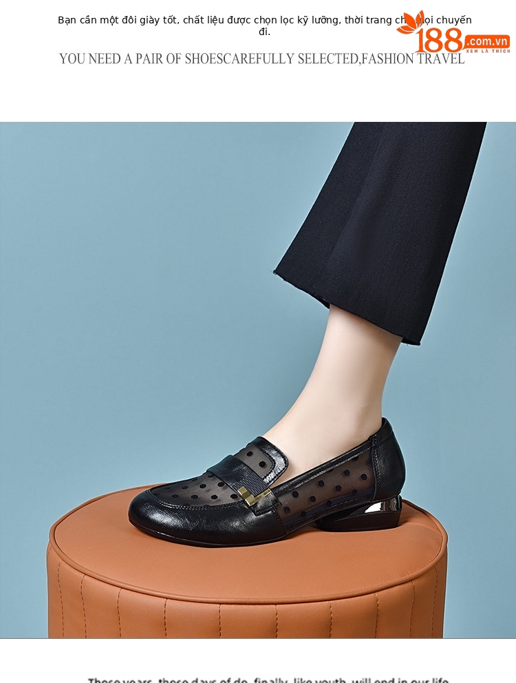 Giày lười nữ da bò đế mềm lưới thoáng khí mùa xuân hè — Kaki-3 cm chi tiết 9