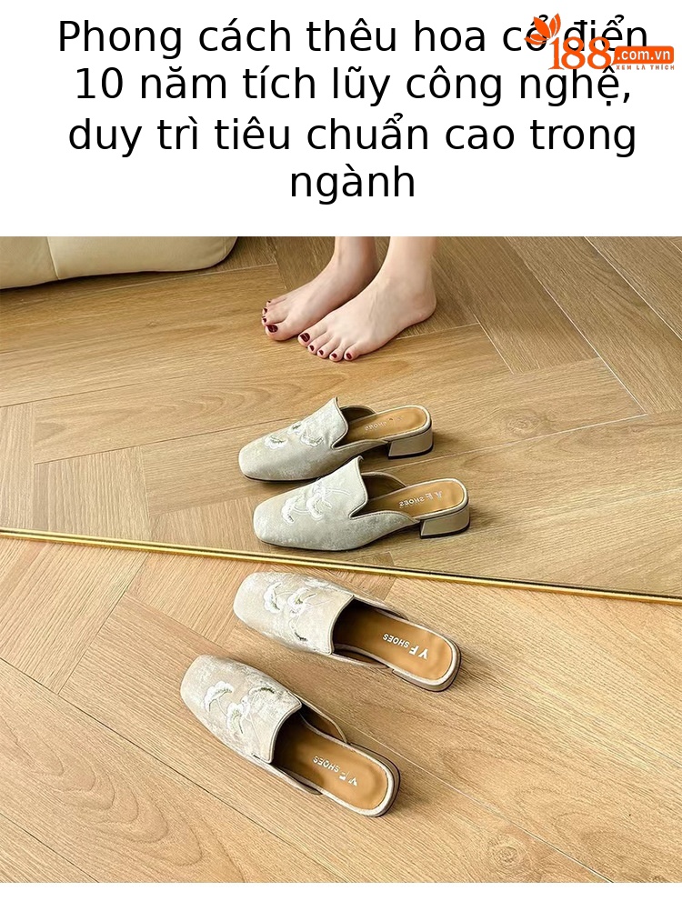 Dép lê nửa kín mũi phong cách Trung Hoa cổ điển nữ đế bằng — Màu Sâm panh chi tiết 5