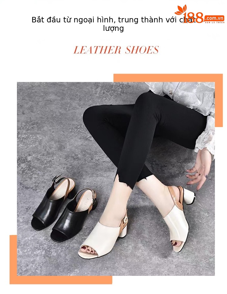 Sandal nữ quai ngang da mềm mũi hở gót vuông phong cách La Mã — Màu be chi tiết 1
