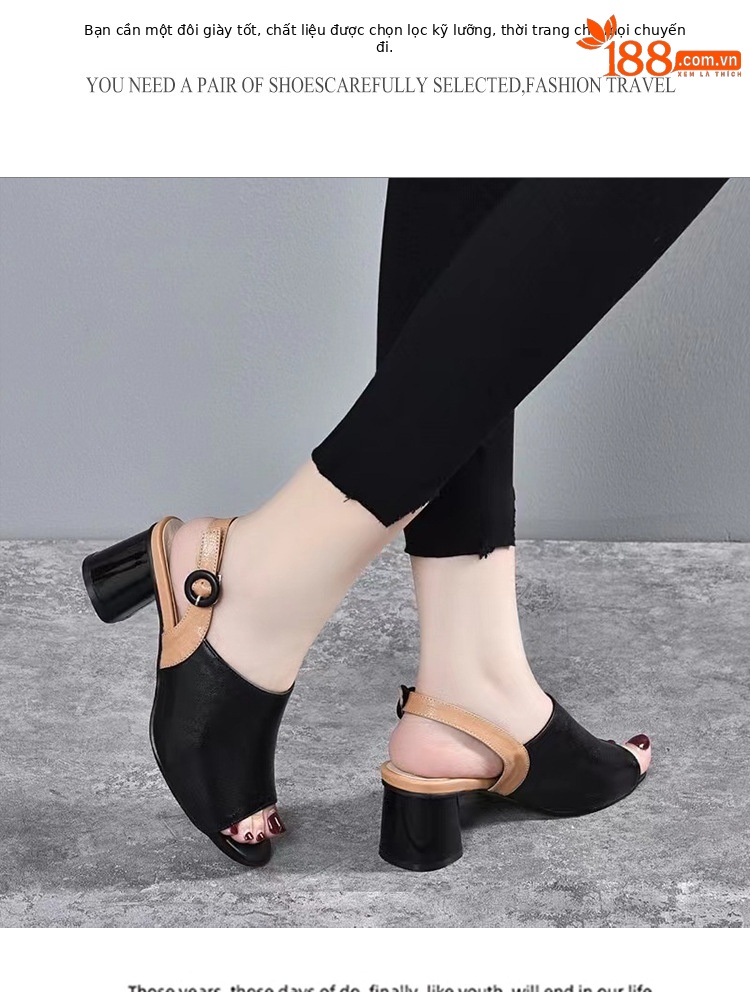 Sandal nữ quai ngang da mềm mũi hở gót vuông phong cách La Mã — Màu be chi tiết 10