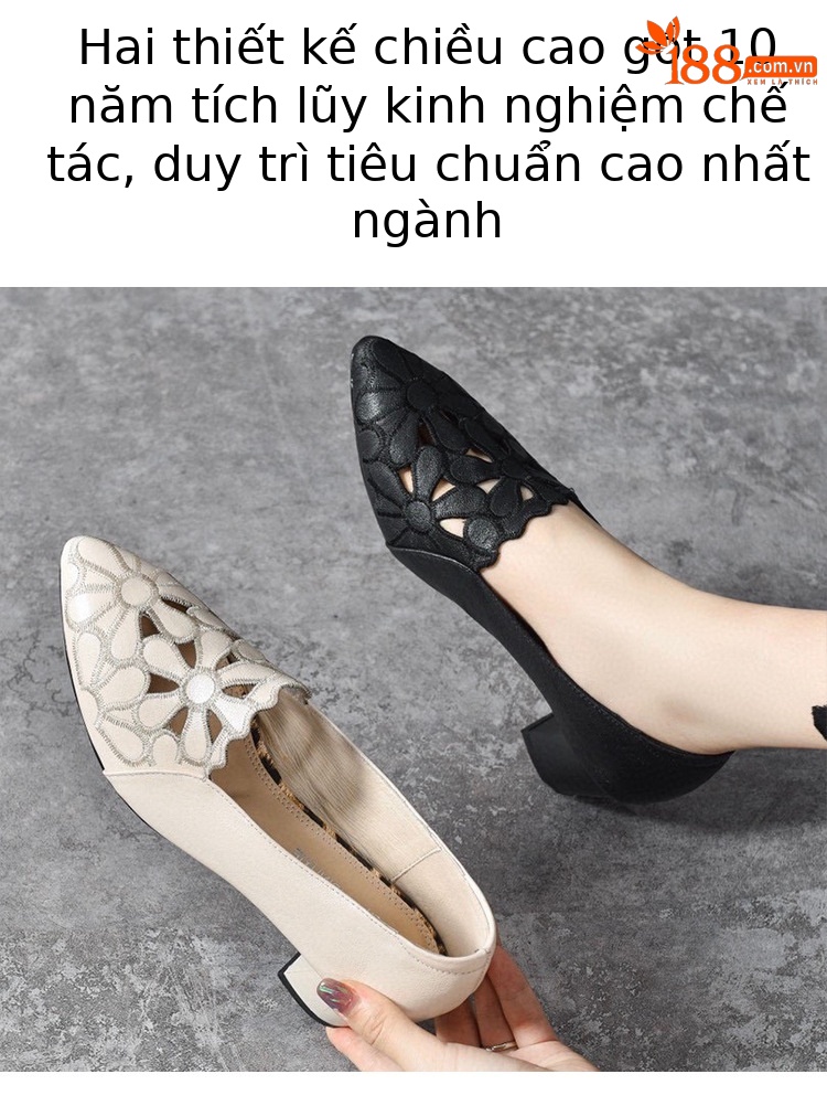 Giày nữ mũi nhọn khoét lỗ đế xuồng chunky gót thấp da thật mềm — Màu be-năm cm chi tiết 5
