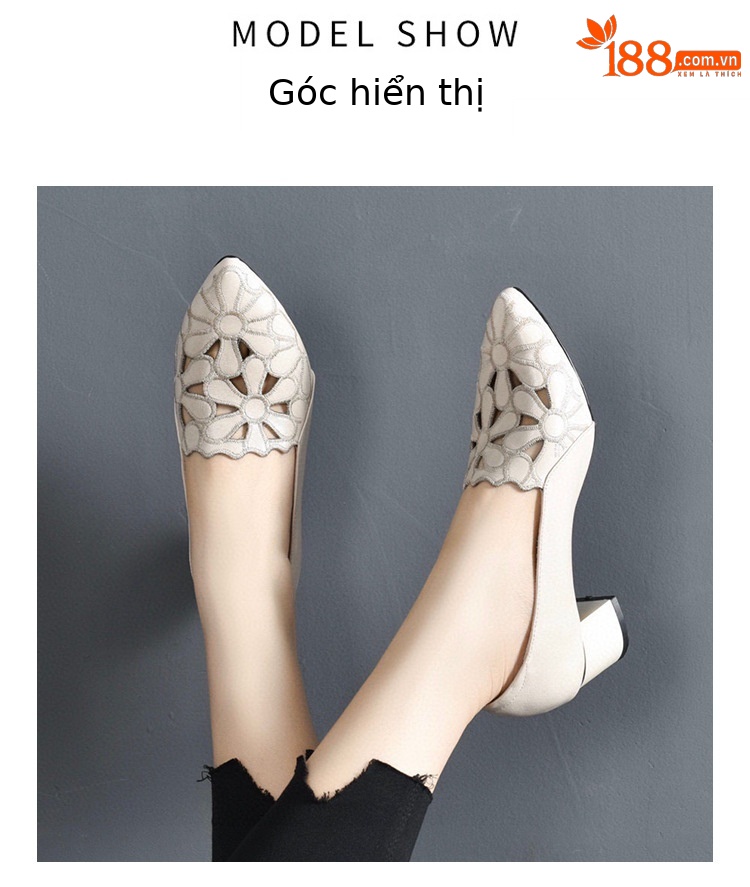 Giày nữ mũi nhọn khoét lỗ đế xuồng chunky gót thấp da thật mềm — Màu be-năm cm chi tiết 9