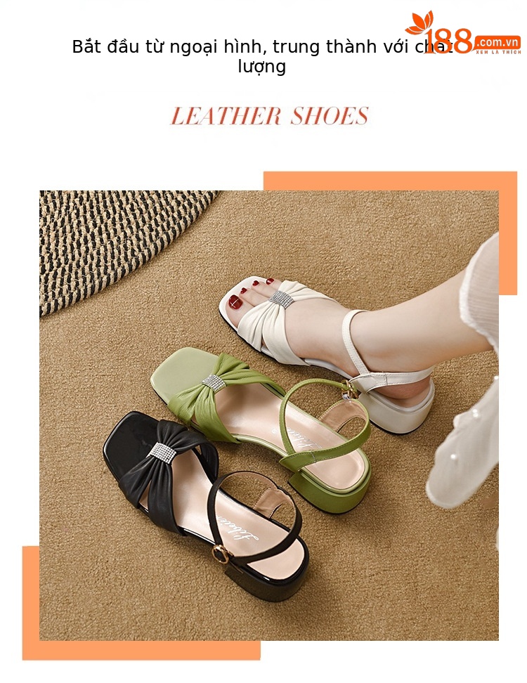 Sandal hở mũi nữ da thật gót vuông quai ngang thanh lịch — Màu đen chi tiết 1