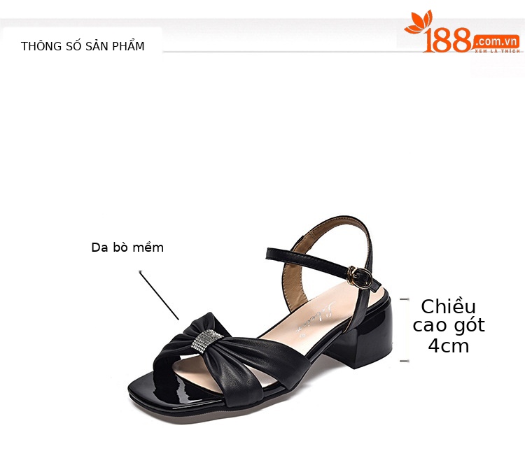 Sandal hở mũi nữ da thật gót vuông quai ngang thanh lịch — Màu đen chi tiết 6