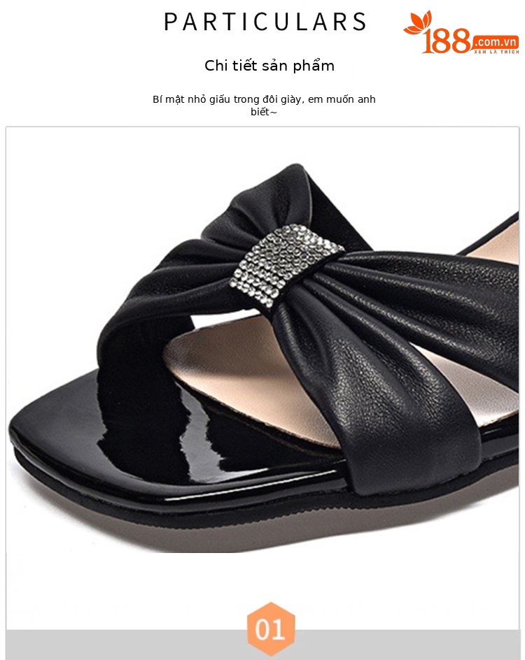 Sandal hở mũi nữ da thật gót vuông quai ngang thanh lịch — Màu đen chi tiết 7