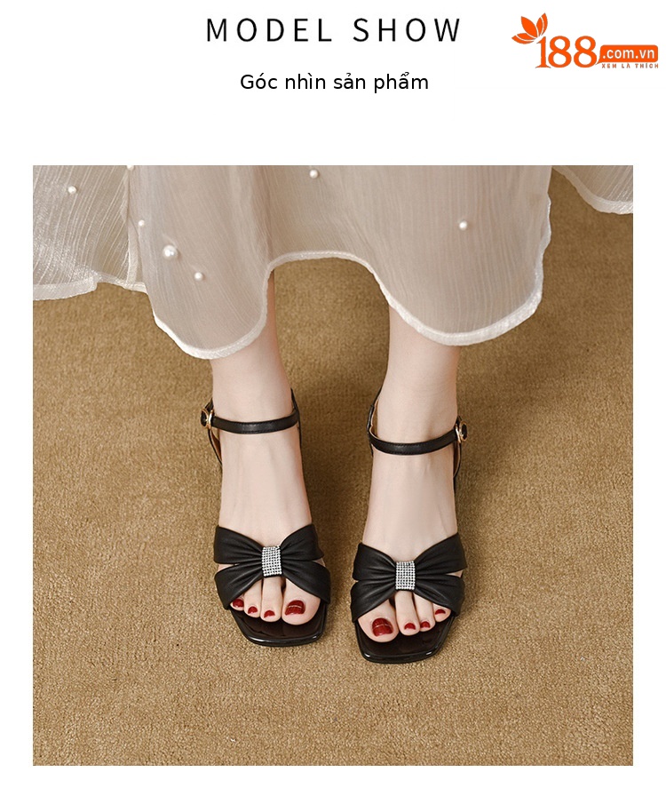 Sandal hở mũi nữ da thật gót vuông quai ngang thanh lịch — Màu đen chi tiết 9
