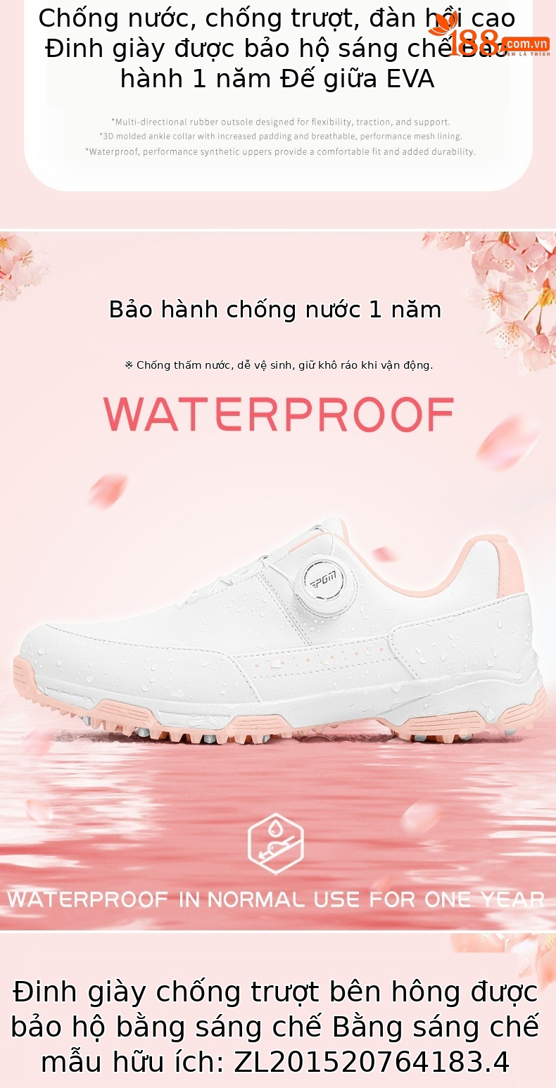 Giày golf nữ PGM chống nước, dây khóa quay, đế EVA cao đàn hồi — XZ344-màu hồng, XZ344-màu trắng chi tiết 3