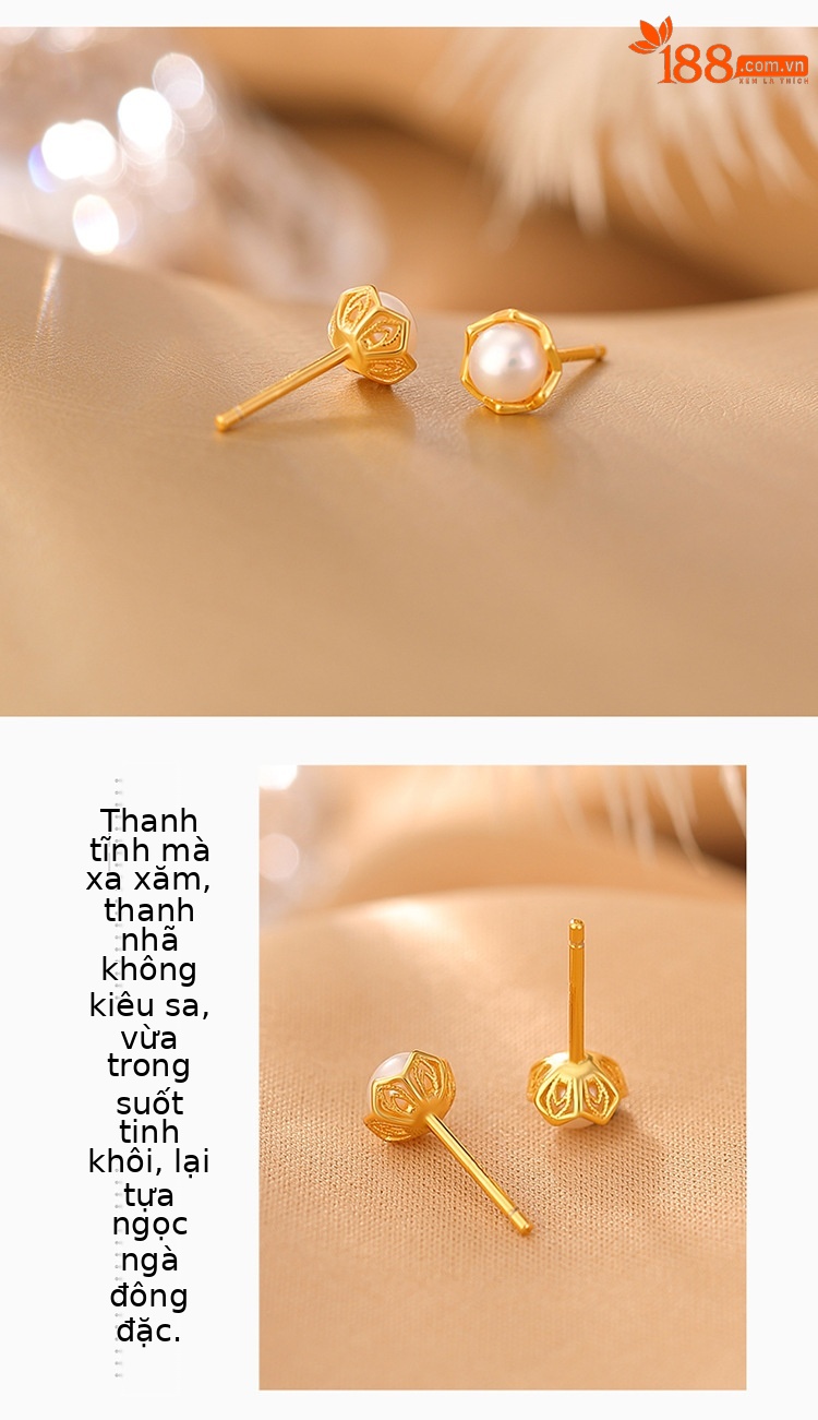 Bông tai hạt tròn hoa sen ngọc trai nước ngọt mạ vàng bạc S925 phong cách Trung Quốc — Kiểu màu bạc chi tiết 3