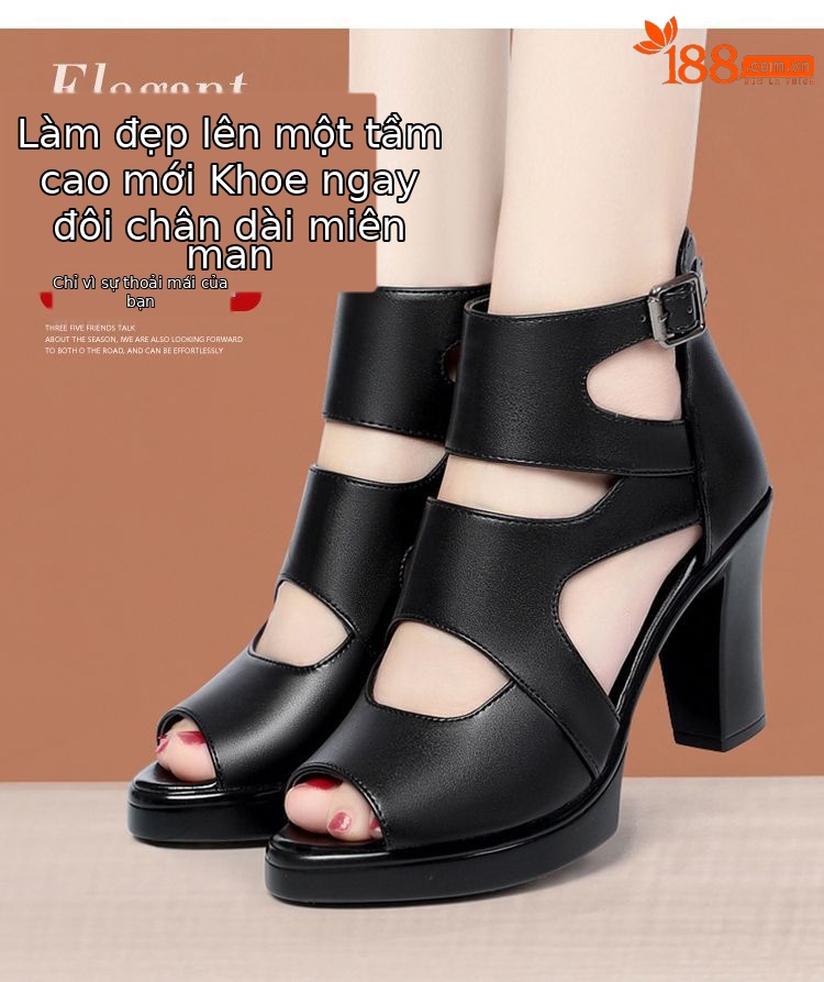 Sandal La Mã gót thô da thật mũi cá đế dày mẫu mới mùa hè 2024, gót 8 cm — Gót đen cao 8 cm chi tiết 3