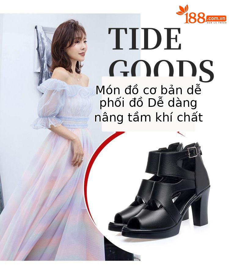 Sandal La Mã gót thô da thật mũi cá đế dày mẫu mới mùa hè 2024, gót 8 cm — Gót đen cao 8 cm chi tiết 6