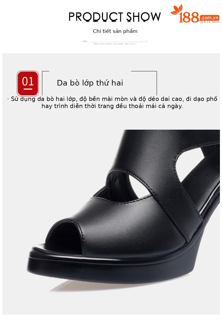 Sandal La Mã gót thô da thật mũi cá đế dày mẫu mới mùa hè 2024, gót 8 cm — Gót đen cao 8 cm chi tiết 7