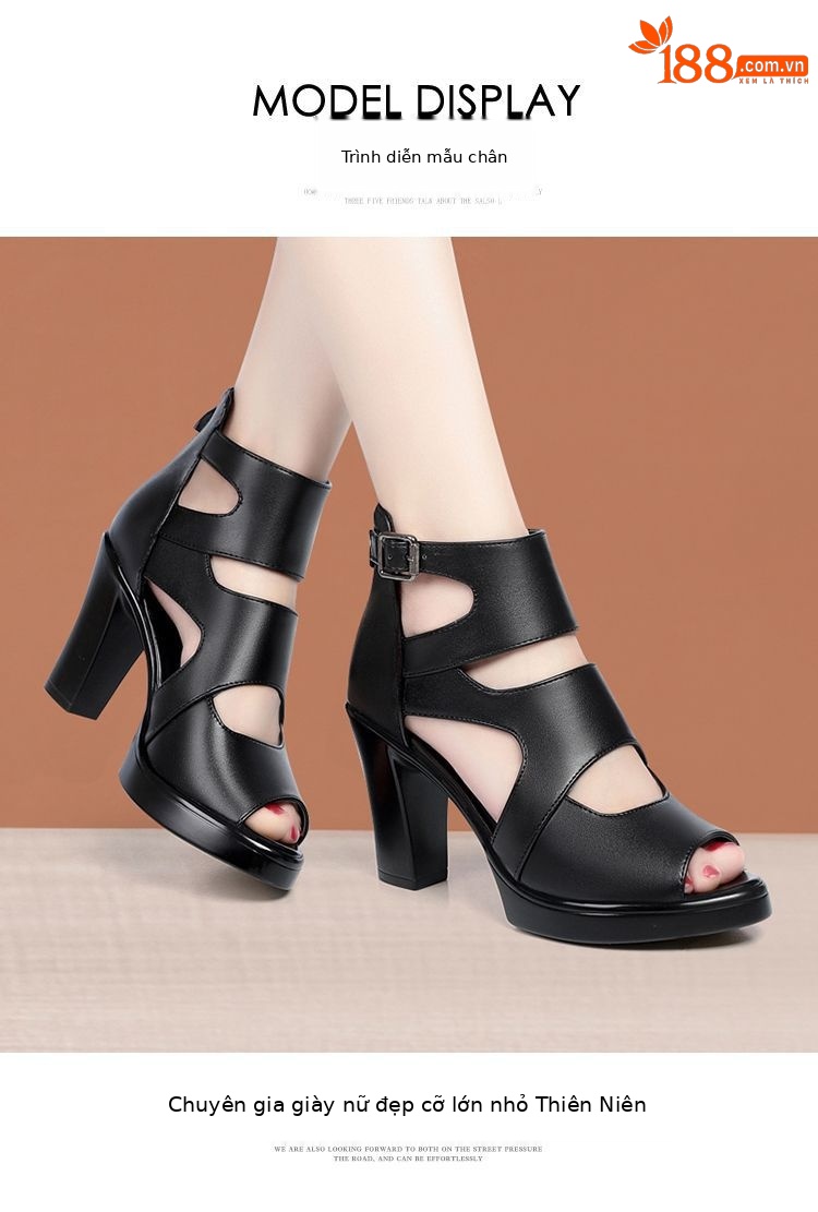 Sandal La Mã gót thô da thật mũi cá đế dày mẫu mới mùa hè 2024, gót 8 cm — Gót đen cao 8 cm chi tiết 10