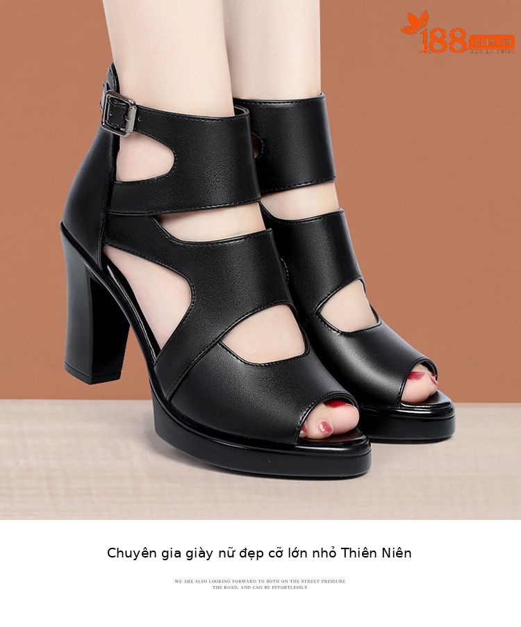 Sandal La Mã gót thô da thật mũi cá đế dày mẫu mới mùa hè 2024, gót 8 cm — Gót đen cao 8 cm chi tiết 11