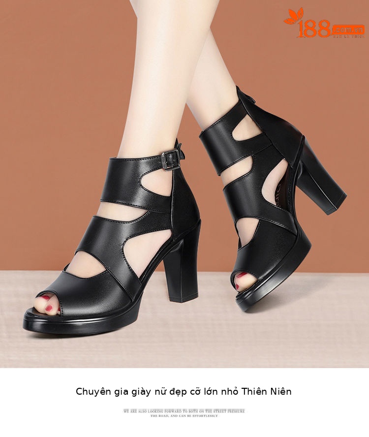 Sandal La Mã gót thô da thật mũi cá đế dày mẫu mới mùa hè 2024, gót 8 cm — Gót đen cao 8 cm chi tiết 12