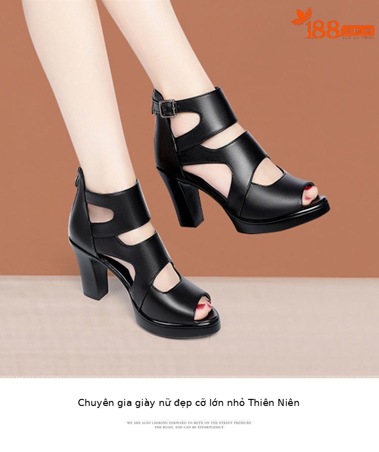 Sandal La Mã gót thô da thật mũi cá đế dày mẫu mới mùa hè 2024, gót 8 cm — Gót đen cao 8 cm chi tiết 13