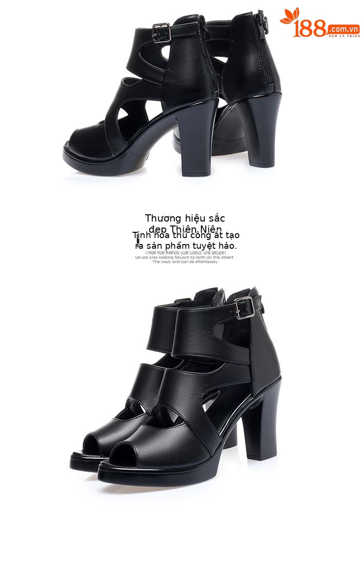 Sandal La Mã gót thô da thật mũi cá đế dày mẫu mới mùa hè 2024, gót 8 cm — Gót đen cao 8 cm chi tiết 15