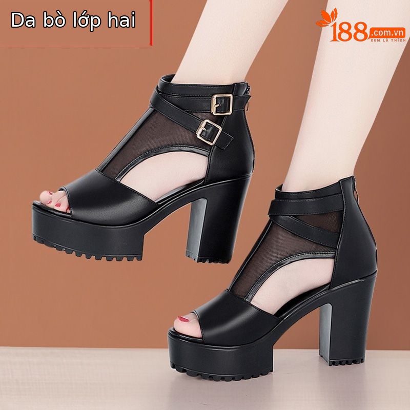 Sandal nữ da thật lưới rỗng mũi nhọn gót cao đế dày kiểu La Mã — Màu đen