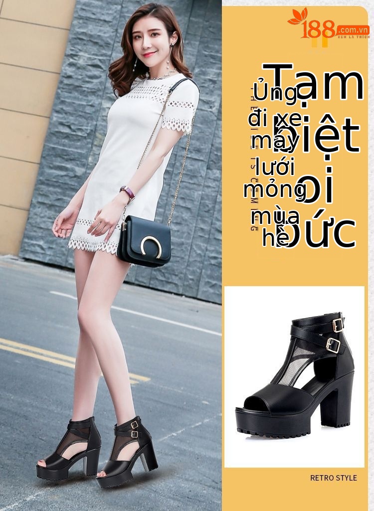 Sandal nữ da thật lưới rỗng mũi nhọn gót cao đế dày kiểu La Mã — Màu đen chi tiết 1
