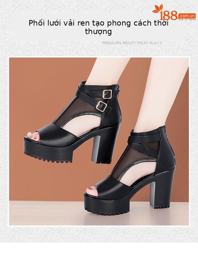 Sandal nữ da thật lưới rỗng mũi nhọn gót cao đế dày kiểu La Mã — Màu đen chi tiết 2