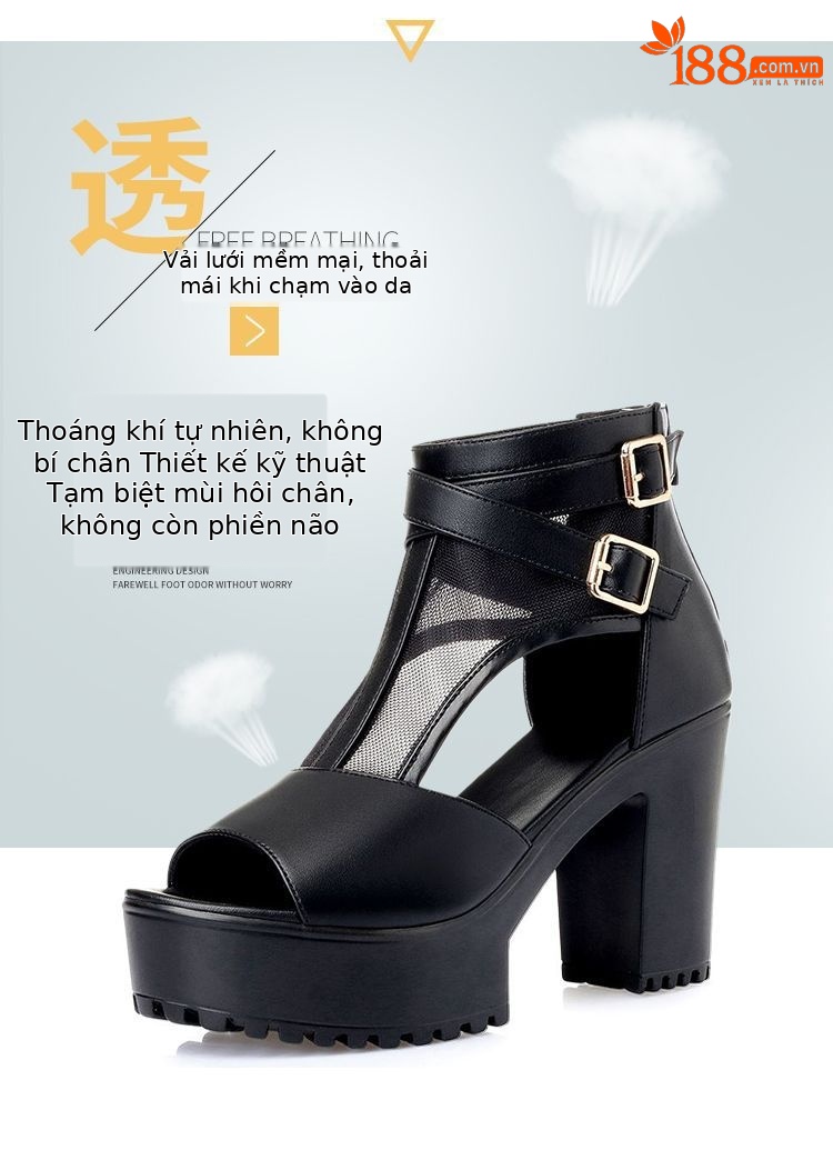 Sandal nữ da thật lưới rỗng mũi nhọn gót cao đế dày kiểu La Mã — Màu đen chi tiết 5