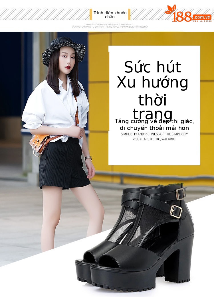 Sandal nữ da thật lưới rỗng mũi nhọn gót cao đế dày kiểu La Mã — Màu đen chi tiết 8