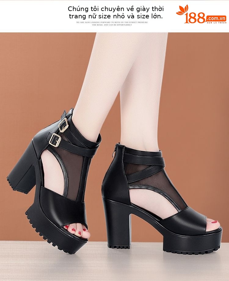 Sandal nữ da thật lưới rỗng mũi nhọn gót cao đế dày kiểu La Mã — Màu đen chi tiết 10