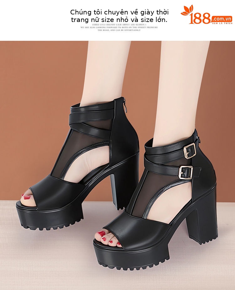 Sandal nữ da thật lưới rỗng mũi nhọn gót cao đế dày kiểu La Mã — Màu đen chi tiết 12