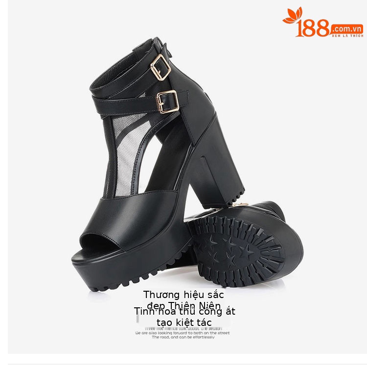 Sandal nữ da thật lưới rỗng mũi nhọn gót cao đế dày kiểu La Mã — Màu đen chi tiết 14