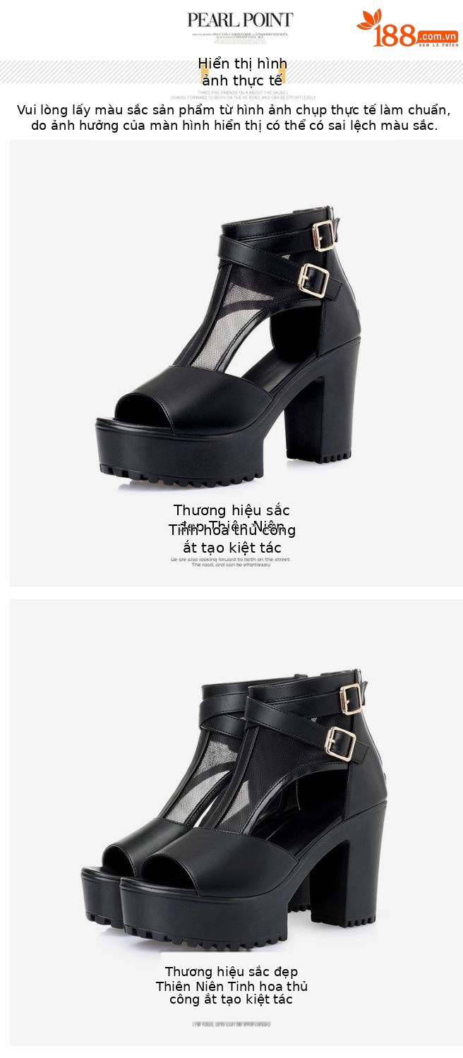 Sandal nữ da thật lưới rỗng mũi nhọn gót cao đế dày kiểu La Mã — Màu đen chi tiết 13
