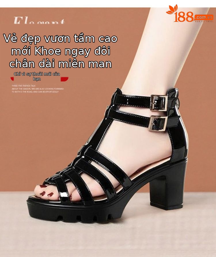 Sandal La Mã da thật gót vuông cao 9.5 cm mũi hở đế dày cổ cao — Da sáng chế cao gót trắng 9.5 cm, Da sáng chế gót đen cao 9.5 cm chi tiết 3