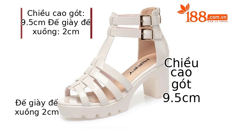 Sandal La Mã da thật gót vuông cao 9.5 cm mũi hở đế dày cổ cao — Da sáng chế cao gót trắng 9.5 cm, Da sáng chế gót đen cao 9.5 cm chi tiết 5