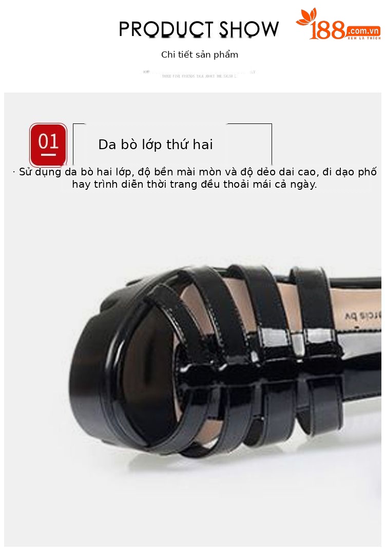 Sandal La Mã da thật gót vuông cao 9.5 cm mũi hở đế dày cổ cao — Da sáng chế cao gót trắng 9.5 cm, Da sáng chế gót đen cao 9.5 cm chi tiết 7