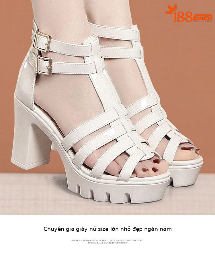 Sandal La Mã da thật gót vuông cao 9.5 cm mũi hở đế dày cổ cao — Da sáng chế cao gót trắng 9.5 cm, Da sáng chế gót đen cao 9.5 cm chi tiết 13