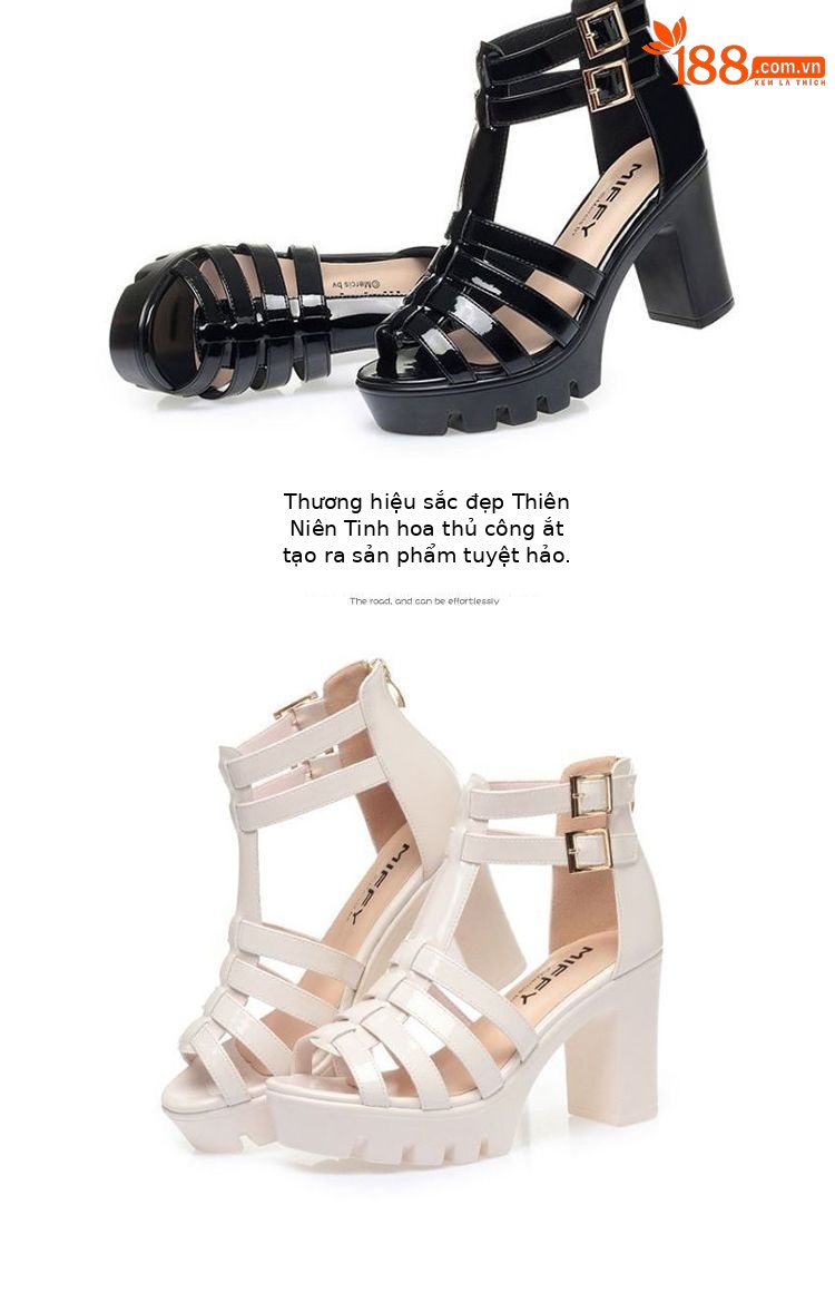 Sandal La Mã da thật gót vuông cao 9.5 cm mũi hở đế dày cổ cao — Da sáng chế cao gót trắng 9.5 cm, Da sáng chế gót đen cao 9.5 cm chi tiết 16