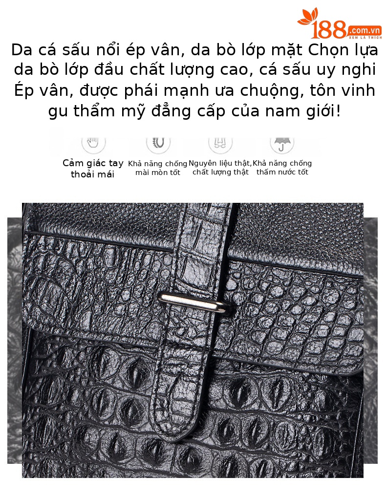 Túi đeo chéo nam da bò lớp đầu vân cá sấu phong cách retro — Màu Đen (không có logo) chi tiết 5