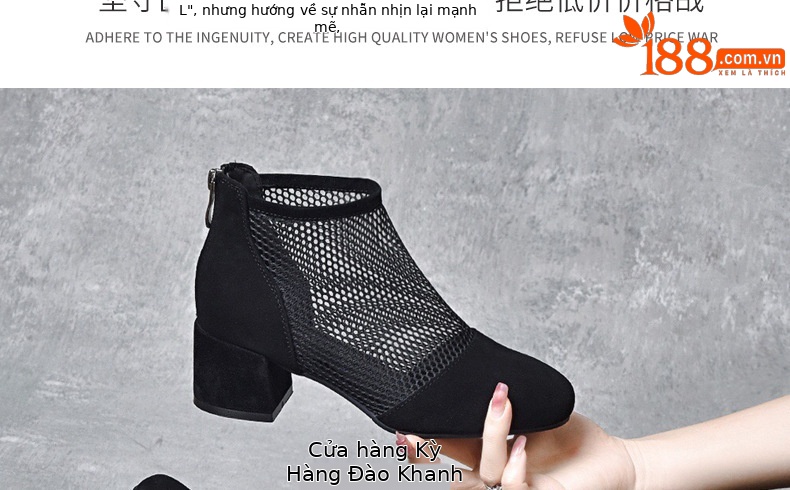Sandal cao cổ nữ da thật mũi tròn gót dày 2.5 cm kiểu La Mã khoét lỗ lưới thoáng khí — Chiều cao gót 2.5 cm chi tiết 29